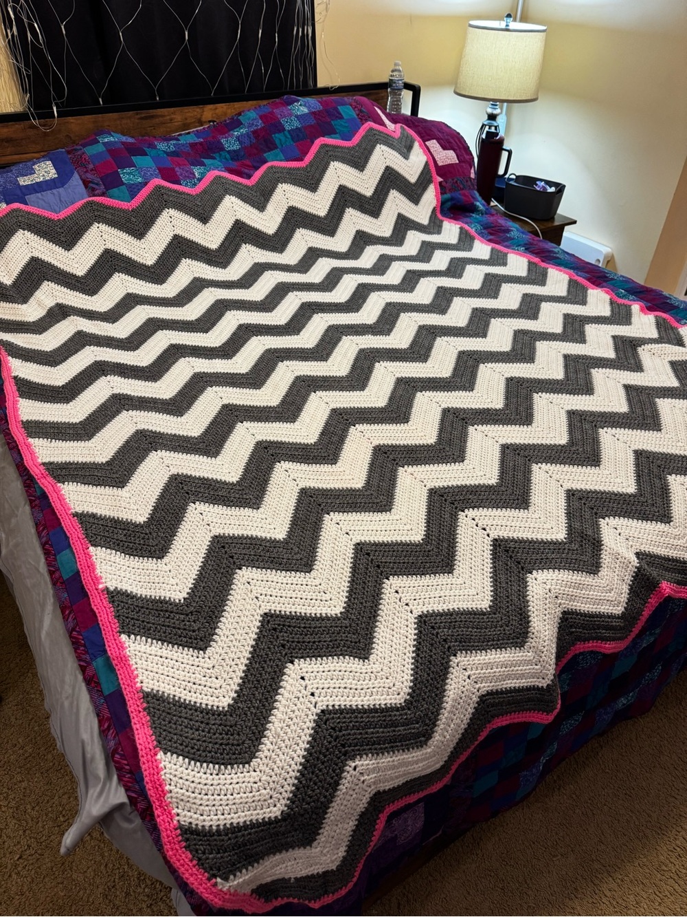 Chevron Crochet Throw Blanket in Gray, White & Pink